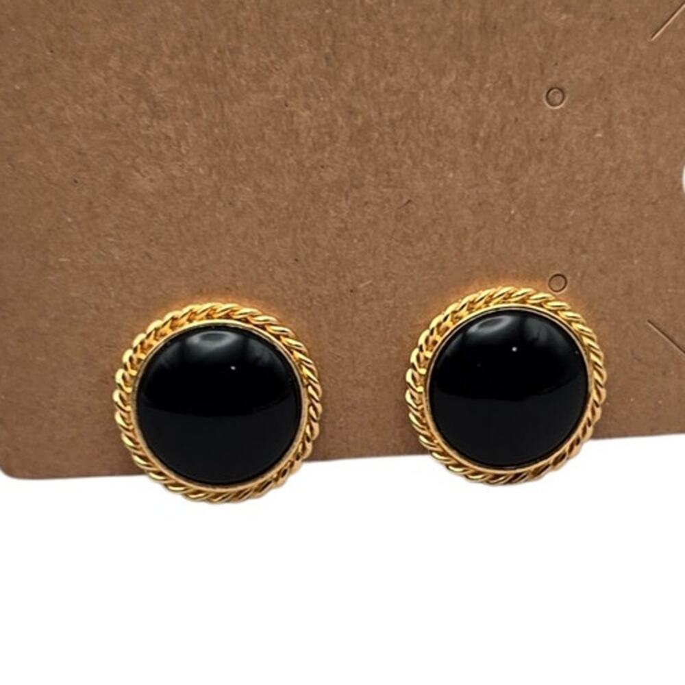 Black Cabochon Gold Tone Clip On Earrings Bold Classic Statement Minimal Elegant